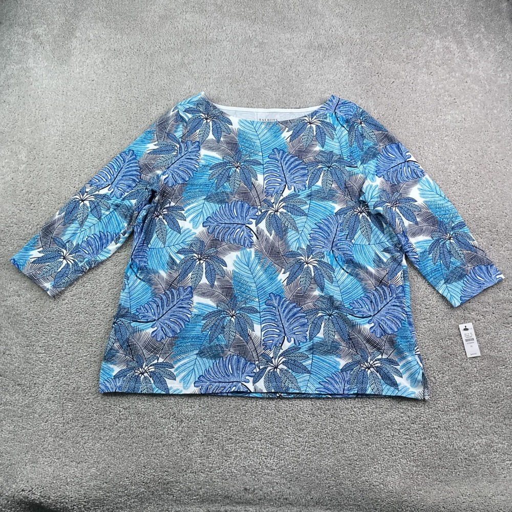 NEW Talbots Top Womens 1X Blue Tropical Palm Leaf Print Boat Neck Tee Coastal